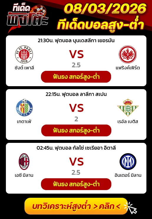 ทีเด็ดสกอร์สูงต่ำ 08/03/2026