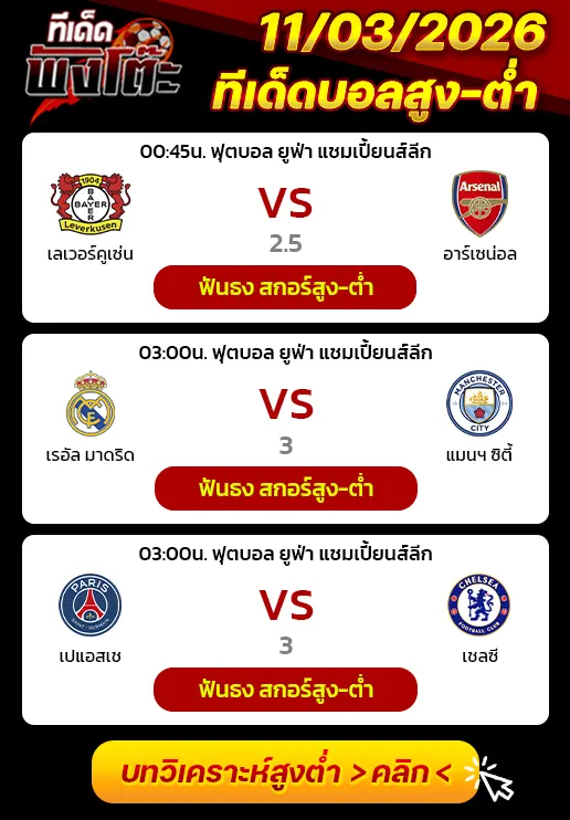 ทีเด็ดสกอร์สูงต่ำ 11/03/2026