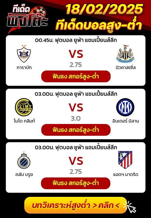 ทีเด็ดสกอร์สูงต่ำ 18/02/2026
