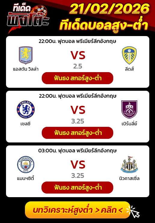 ทีเด็ดสกอร์สูงต่ำ 21/02/2026