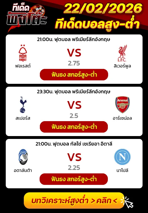 ทีเด็ดสกอร์สูงต่ำ 22/02/2026