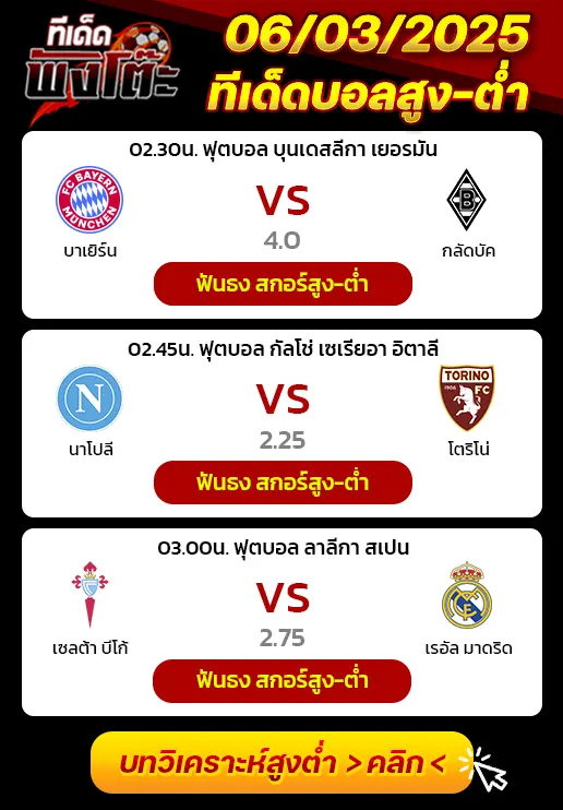 ทีเด็ดสกอร์สูงต่ำ 06/03/2026